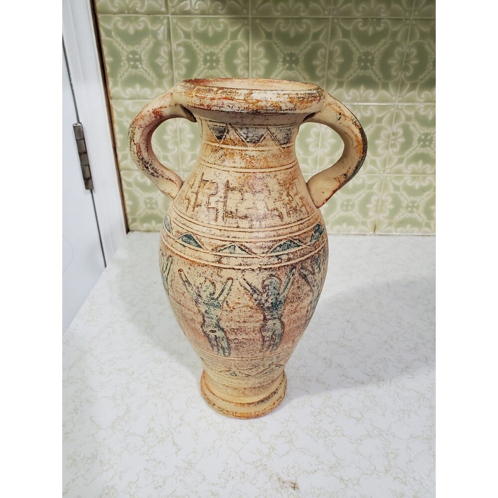 Vintage Aztec Style Looking Terracotta  Pottery Vase Urn With Etchings 11"